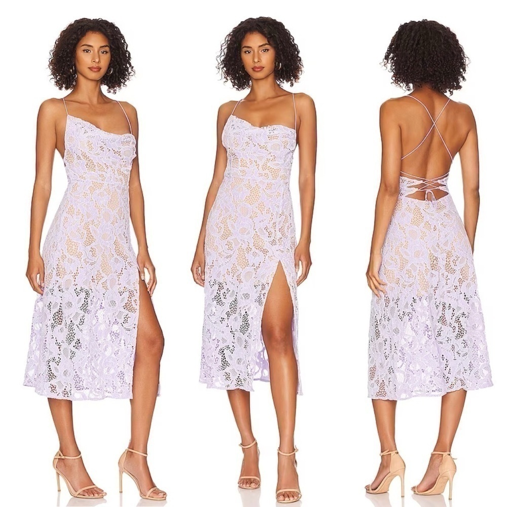 NEW! For Love and Lemon- Purple Lace Rosemary Lined Midi Dress Slit Thigh Size L
